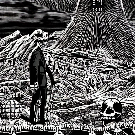 Prompt: a skeleton wearing a suit standing in ruins of nuclear explosion by Dan Mumford