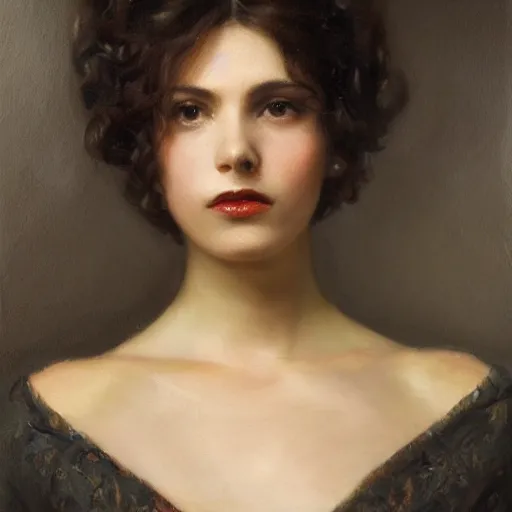 Image similar to a oil painting of a fair skin with dark curly stylised hair queen wearing dress, by frederick william elwell, highly detailed, realistic, concept art, jewels, oriental, desaturated