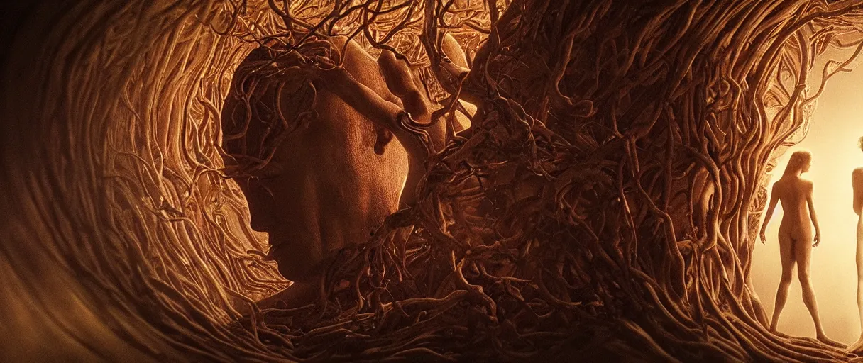 Prompt: a close up of Adam and Eve inside the brain, snake is surrounding them, beautiful dramatic moody lighting, cinematic atmosphere, high detail, 8k, ornate, dark fantasy, masterpiece, complex, film still from the movie directed by Denis Villeneuve with art direction by Zdzislaw Beksiński, Dan Mumford, Patiphan Sottiwilaiphong, Yintion J - Jiang Geping