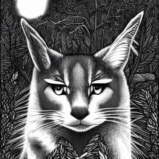 Image similar to black and white illustration, creative design, cute fluffy caracal, by junji ito