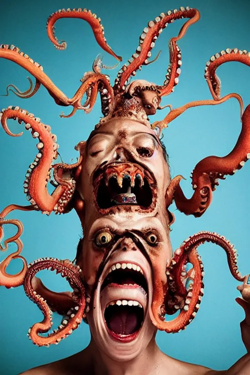 Image similar to a spectacular wideangle portrait of a screaming scary rococo queen with a octopus head, award winning photography