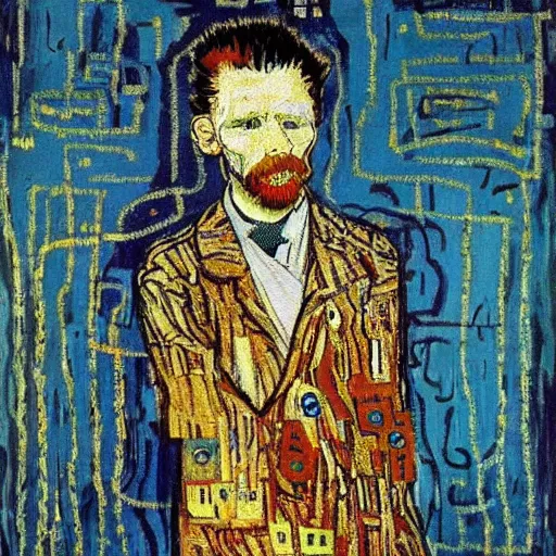 Prompt: portrait of an artificial intelligence painting by van Gogh klimt Jean-Michel Basquiat