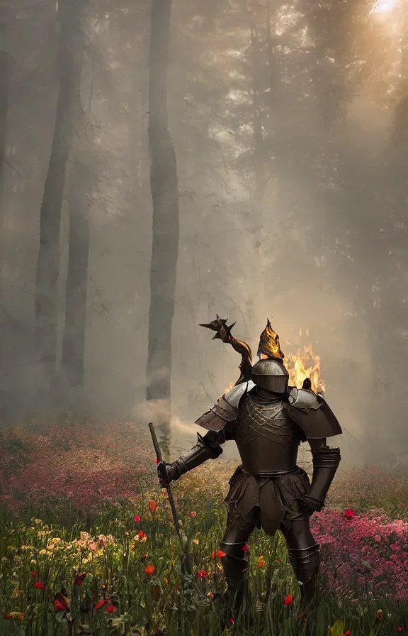 Prompt: full body image of a knight in bed of flowers in dark forest, surrounded by fire and smoke, moody, rim light, dynamic lighting, cinematic shot, gritty, ultra - detail, renderman, physically based render