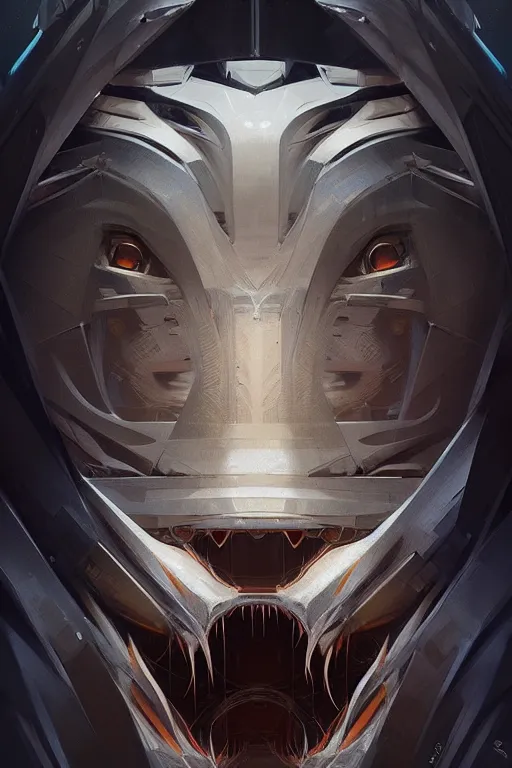 Image similar to professional concept art symmetrical portrait of a horrendous robotic fractal predatory species in a dark room by artgerm and greg rutkowski. an intricate, elegant, highly detailed digital painting, cubism, concept art, smooth, sharp focus, illustration, in the style of cam sykes.