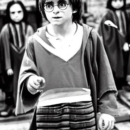Prompt: 35mm photo of harry potter black and white