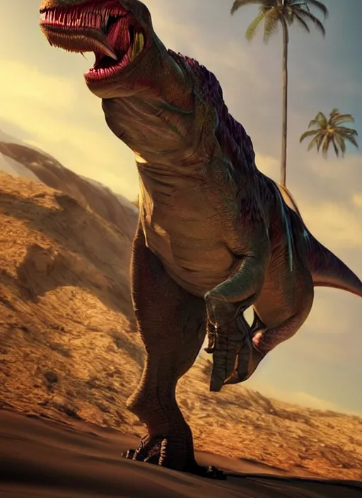 Prompt: hyper realistic t - rex gun, full body, rule of thirds, human proportion, good anatomy, beautiful face, conceptart, saturated colors, cinematic, artstation, pinterest, cgsociety, unreal engine 5, gta 5 cover