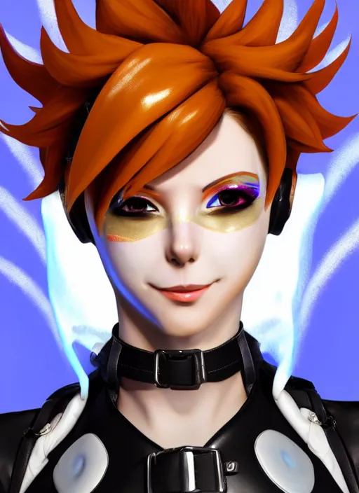 Image similar to portrait bust digital artwork of tracer overwatch, wearing white iridescent rainbow latex and leather straps catsuit outfit, 4 k, expressive happy smug expression, makeup, in style of mark arian, angel wings, wearing detailed black leather collar, chains, black leather harness, detailed face and eyes,