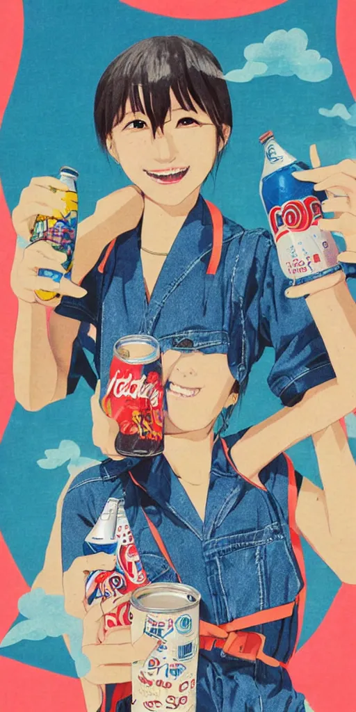 Image similar to y 2 k aesthetic japanese pop - culture magazine illustration, girl in tank - top and denim jump suit holding a can of soda near her smiling face