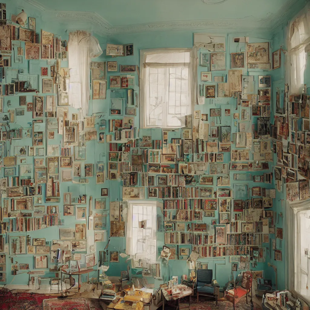 Image similar to promotional photograph of a room in the style of Wes Anderson, architecture magazine, dezeen, 50mm, pentax, film