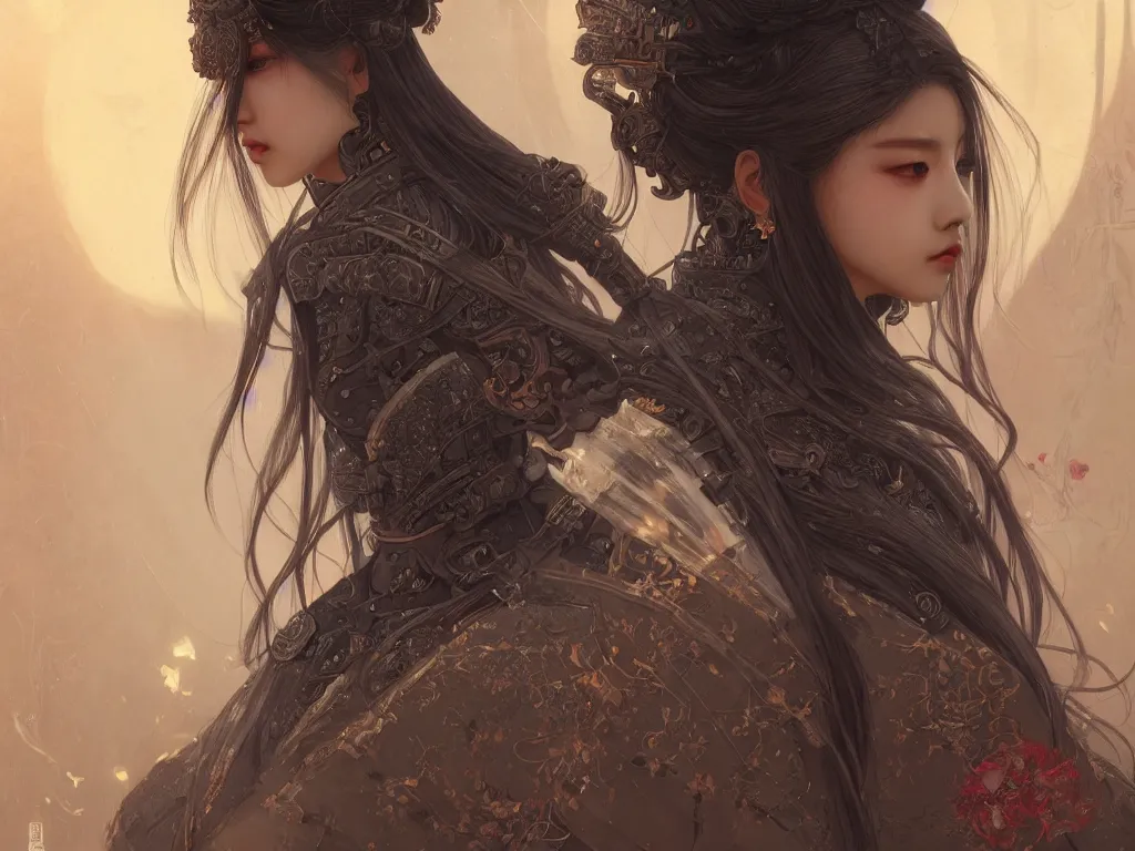 Image similar to portrait jisoo blackpink, grey hair armored samurai clothes, in fire japanese temple wet night, ssci - fi and fantasy, intricate and very very beautiful and elegant, highly detailed, digital painting, artstation, concept art, smooth and sharp focus, illustration, art by tian zi and wlop and alphonse mucha