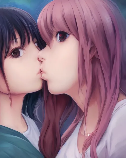 Image similar to portrait of two girls kissing, anime, trending on Artstation