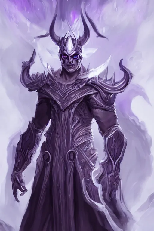 Image similar to man male demon, full body white purple cloak, warlock, character concept art, costume design, illustration, black eyes, white horns, trending on artstation, Artgerm , WLOP