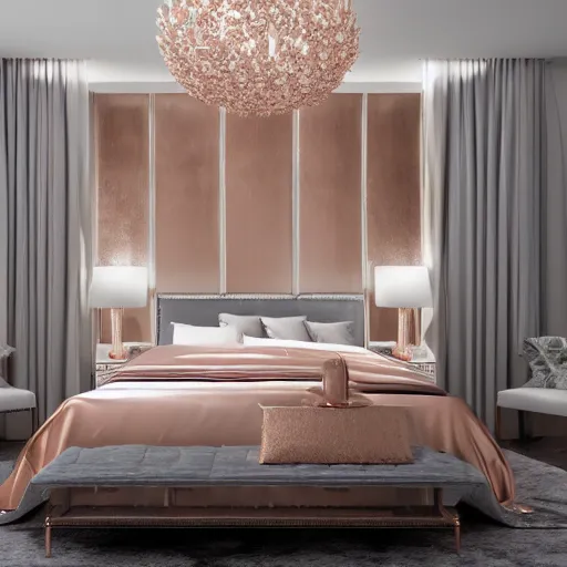 Image similar to 3 d render of white bedroom with rose gold metallic accents