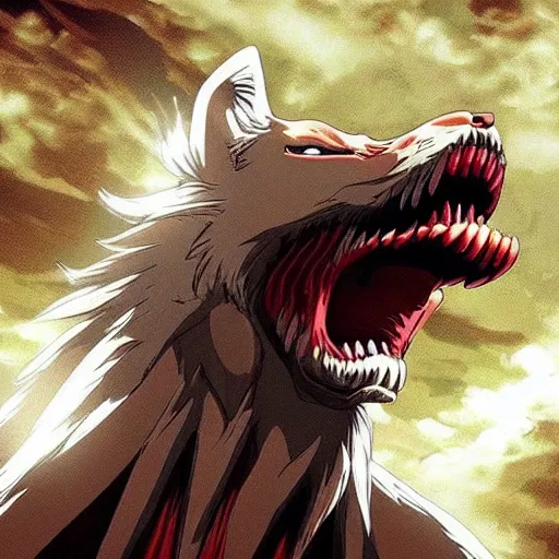 Prompt: “Attack on Titan but the titans are giant bipedial wolves.”