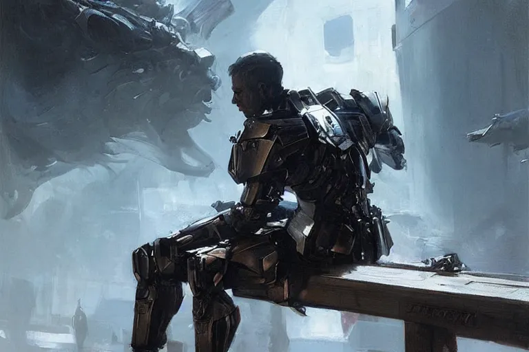 Image similar to an intense battle rages behind an android soldier sitting on a bench, laser blasts, dramatic, he is sad, hunched shoulders, detailed concept art by caravaggio and greg rutkowski and ruan jia and artgerm