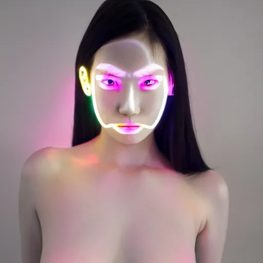 Prompt: beautiful japanese cyborg with led projection skin, neon lighting, portrait photo