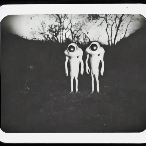 Image similar to polaroid photograph of horrorific alien beings visiting earth, 1 9 5 0