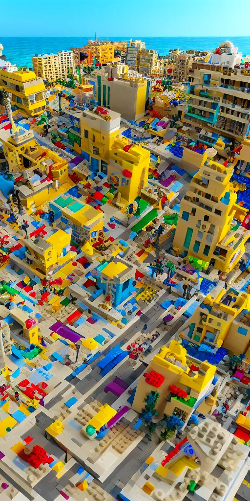 Image similar to Tel-Aviv beach, the buildings are Lego, the sand is yellow M&Ms, the sea is glitter, high-detaild, unreal engine 5, 4K UHD image