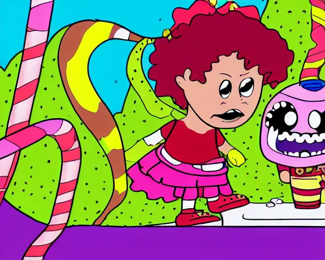 Prompt: Klasky-Csupo style cartoon about a young girl and her pet monster in a candyland. TV screenshot HD remaster
