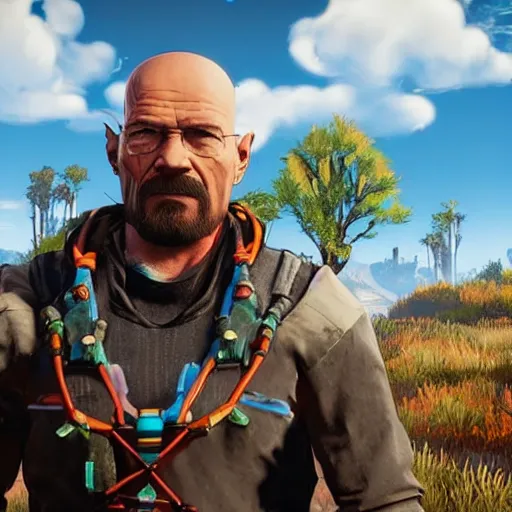 Image similar to walter white in horizon zero dawn world