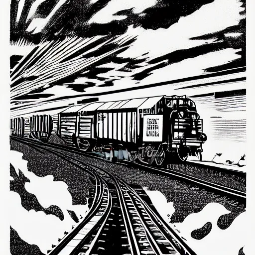 Prompt: there is a freight train of emotion stuck in my lungs black and white in the style of Dieselpunk, graphic manga, haunting maximillien tuor painting with photoshop halftone highlights chromatic risograph print, intricate very detailed by John Stephens and Don Jondro, #illustration trending on artstationHQ,