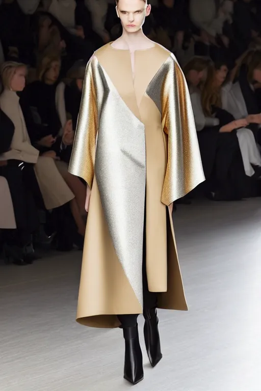 Prompt: haute couture modern designer jwanderson fold volume coat with open neckline, double layer oversize curved seam top, double layer fold over hem, cropped wide sleeve, self belt with leather covered ring closure, back slit, tonal topstitching, gold hardware, lined in cotton, holographic tones scheme sigma 8 5 mm f _ 8, high detail