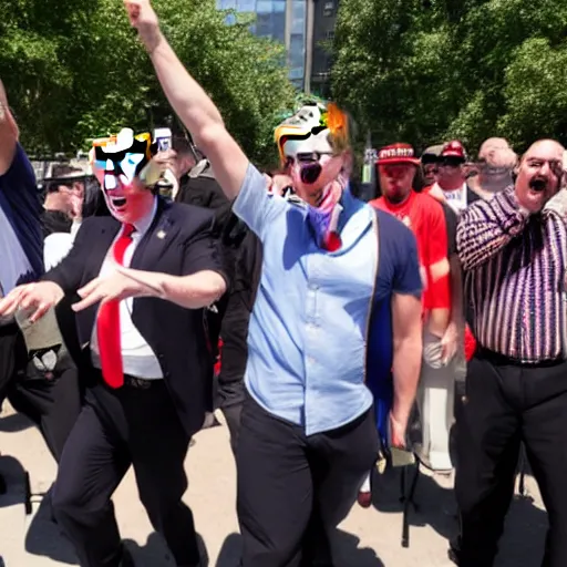 Prompt: trump's party and the proud boys dancing to ymca.