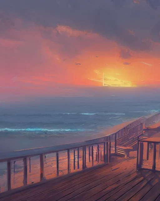 Image similar to view from a beach, marmalade sky with boardwalk along the ocean, trending on artstation, cgsociety, polycount, illustrated by greg rutkowski, intricate, detailed