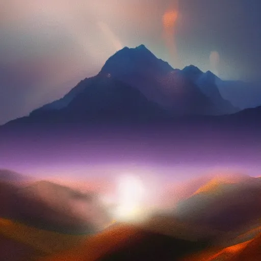 Prompt: silhouette of mountains made of light!!! bright cloudy sky, overexposed, hyper detailed matte painting