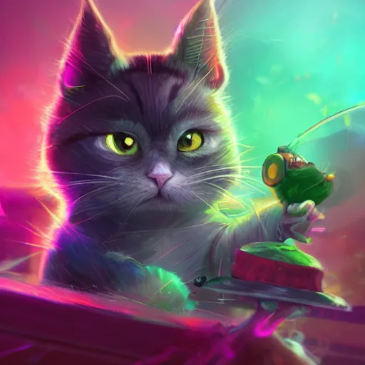 Image similar to close up of furious teemo from league of legends as a grey american shorthair cat, vivid color, neon color, intricate detail, digital painting, particles floating, whimsical background by marc simonetti, artwork by ross tran + ramond swanland + liam wong