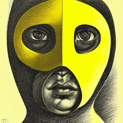 Image similar to yellow ranger lithography on paper conceptual figurative ( post - morden ) monumental dynamic soft shadow portrait drawn by hogarth and escher and francis bacon, inspired by goya, illusion surreal art, highly conceptual figurative art, intricate detailed illustration, controversial poster art, polish poster art, geometrical drawings, no blur