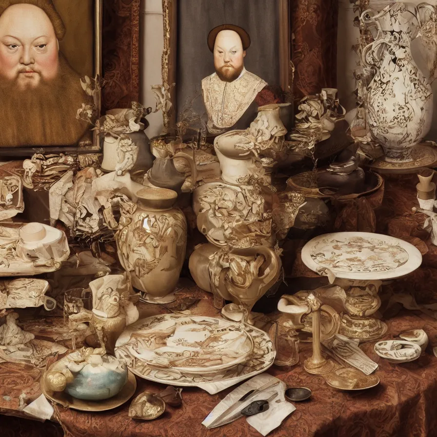 Image similar to beautiful studio photograph of a ceramics display with a portrait of henry the viii painted by hans holbein painted onto a tall angular stoneware vase with handles placed on a tablecloth on a wooden table, hyperrealism 8 k trending on artstation