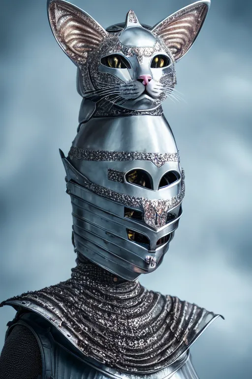 Image similar to female knight wearing a real cat on her head, armor designed by wayne barlowe, swarovski and tiffany, blonde hair, symmetry, sci - fi, cinematic, elegant, luxury, perfect light, perfect composition, dlsr photography, sharp focus, dark fantasy, 4 k, ultra hd, sense of awe, highly detailed, realistic, intricate