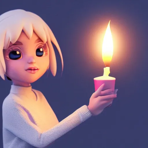 Prompt: A cute girl holding a glowing candle, fragile, soft, vray, octane render, trending on artstation, 3d character, game character