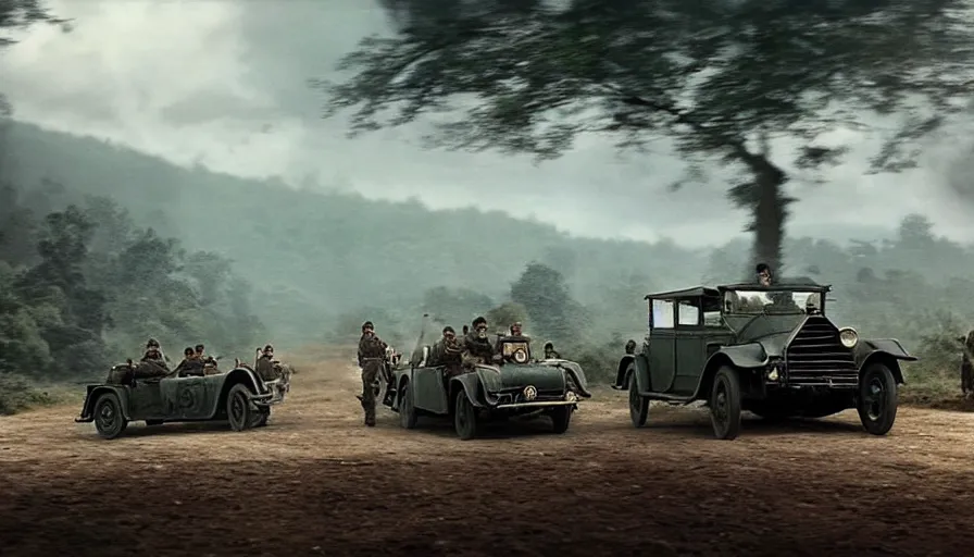 Prompt: british army driving a car in 1921 in kerala forest road, tribe members attacking, action scene, an epic fantasy, dramatic lighting, cinematic, establishing shot, extremely high detail, photorealistic, cinematic lighting, artstation, matte painting by christopher nolan, horizon forbidden west