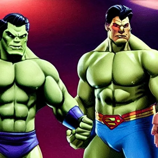 Image similar to supermen and hulk at WWE smacking down Vince McMahon