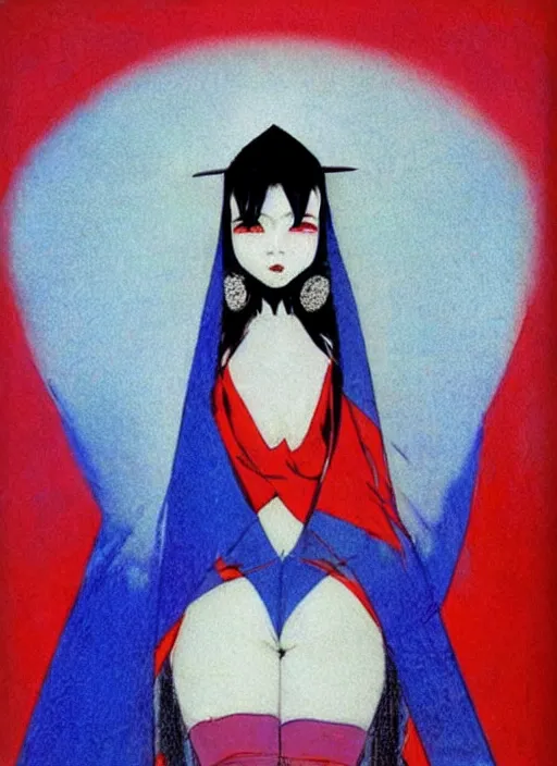 Image similar to portrait of mighty korean vampiress, jeweled veil, blue and red, strong line, saturated color, beautiful! coherent! by frank frazetta, high contrast, minimalism