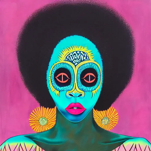 Image similar to Georgia Anne Muldrow, VWETO II, album art, 1970s, turquoise, side portrait, tribal mask inside mask, animalia, afro-psychedelia, afrocentric mysticism, in the style of Harumi Hironaka