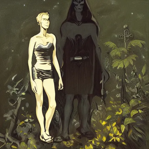 Image similar to short-haired heroic stoic handsome blonde butch tomboy woman engineer standing beside dark fae feathered gothic Jennifer Connelly in garden at night, in love, Mike Mignola, trending on art station, oil painting