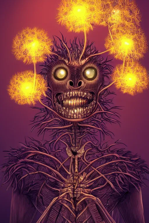 Image similar to a humanoid figure dandelion plant monster, amber eyes, highly detailed, digital art, sharp focus, ambient lighting, glowing, skeletal, trending on art station, anime art style