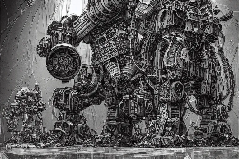 Image similar to dieselpunk mechs that look like Dragonfly, inside an gigantic underground concrete doom hangar, interior structure, drains, storm drains, jungle, vines, algea, cables, panels, walls, ceiling, floor, doors, brutalist architecture, intricate ink drawing, highly detailed in the style of Ashley Wood, moebius and Tsutomu Nihei, photorealistic, cinematic, intricate detail, well lit,