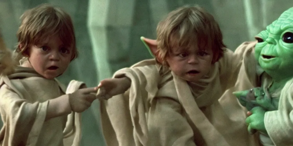 Image similar to screenshot of Luke Skywalker teaching baby yoda Grogu in a Jedi Temple, 1970s thriller by Stanely Kubrick film, color kodak, ektochrome, anamorphic lenses, detailed faces, moody cinematography