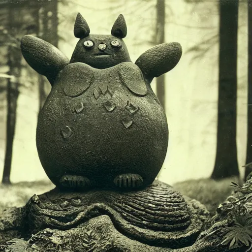 Prompt: vintage photograph of a stone totoro god statue in the deep forest by edward s curtis, realistic, trending on artstation, 4k,