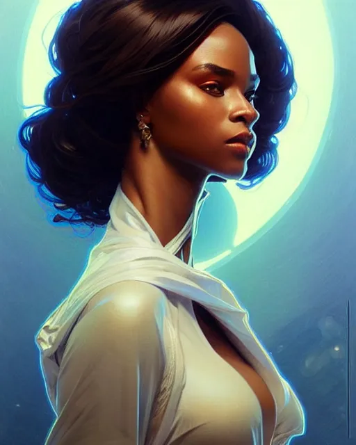 Image similar to Portrait of very very very very very very beautiful nigerian woman, spacesuit, blue eyes, real life skin, intricate, elegant, highly detailed, artstation, concept art, smooth, sharp focus, art by artgerm and greg rutkowski and alphonse mucha