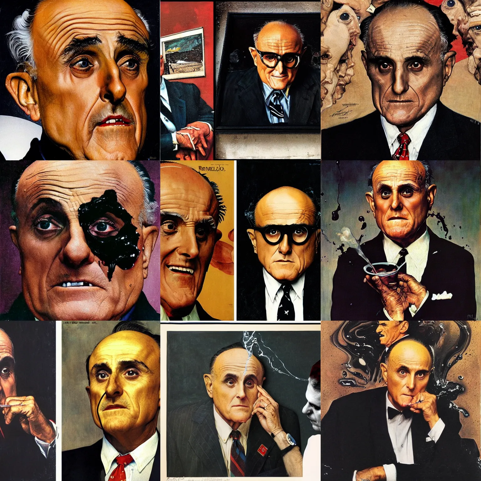 Prompt: a Norman Rockwell and Salvador Dali portrait of Rudy Giuliani melting into a black goo