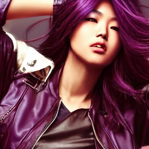 Image similar to photo of a gorgeous asian female with long dark purple hair in the style of stefan kostic, realistic, cyberpunk, leather jacket, aviators, body shot, sharp focus, 8 k high definition, insanely detailed, intricate, elegant, art by stanley lau and artgerm, floating embers