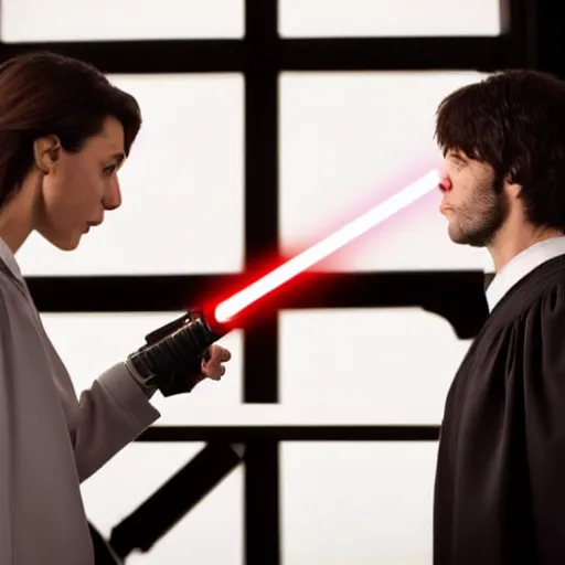 Image similar to a lightsaber battle between two lawyers in a courtroom, photograph, 8k, professional