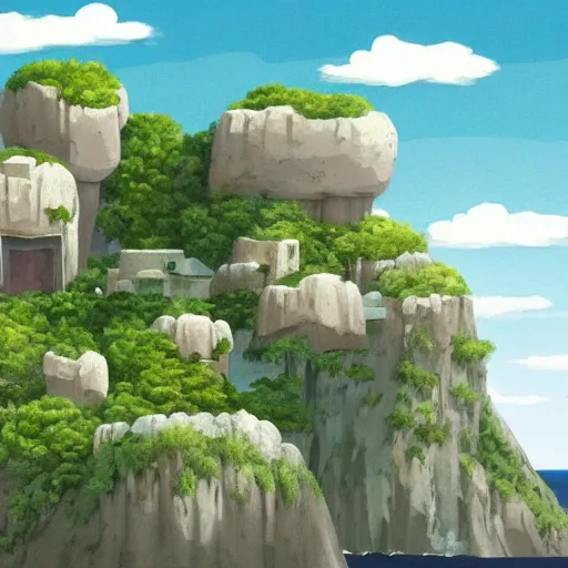 Image similar to an island floating in the air, the island is rocky and bare with some vegetation, waterfalls left from the island flowing into the sea, highly detailed, animated, lovely, dreamy, morandi colour scheme, strong light and shadow atmosphere, painted by ghibli