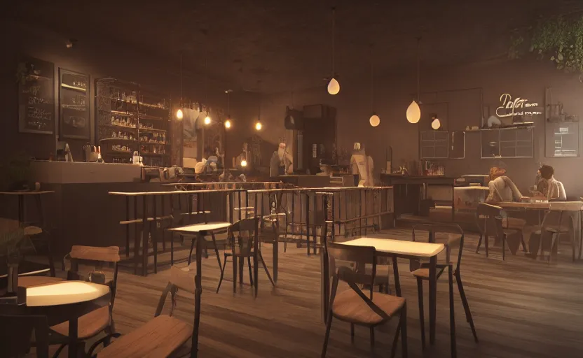 Image similar to a coffe shop, octane render, artstation trending, highly detailded