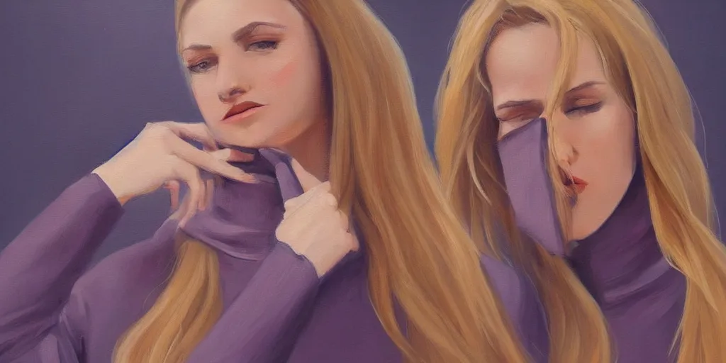 Image similar to gorgeous painting of a beautiful tall shirt haired woman wearing a turtleneck, artstation